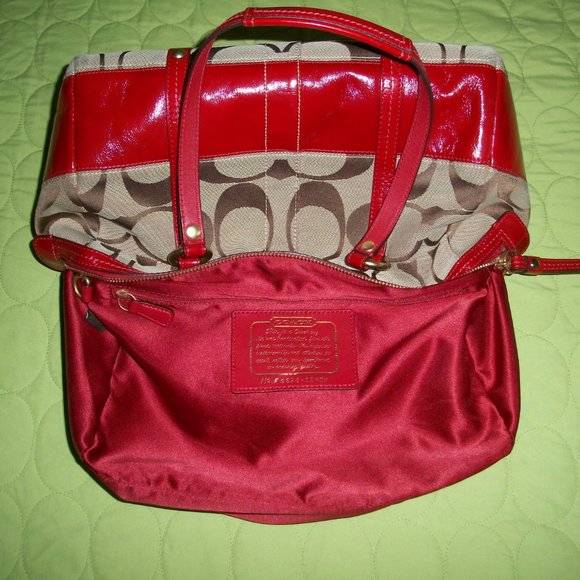 Coach Brown Signature Canvas with Red Patent Leather Bag with Wristlet/Wallet - Picture 15 of 16